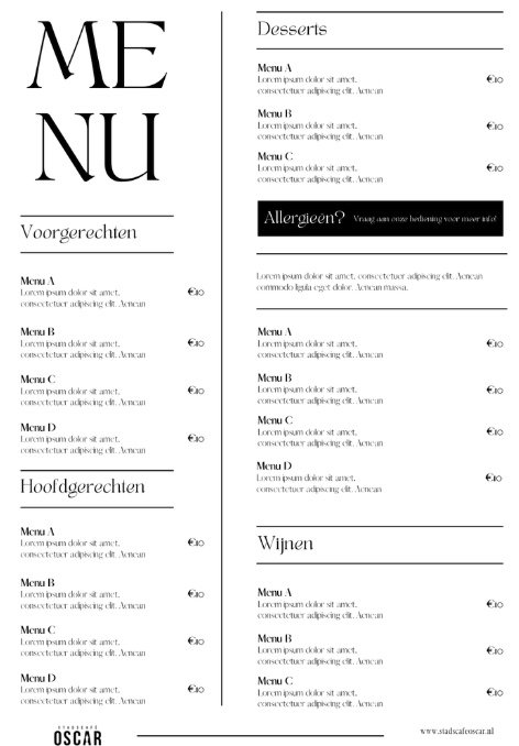 Menukaart Stadscafé Oscar