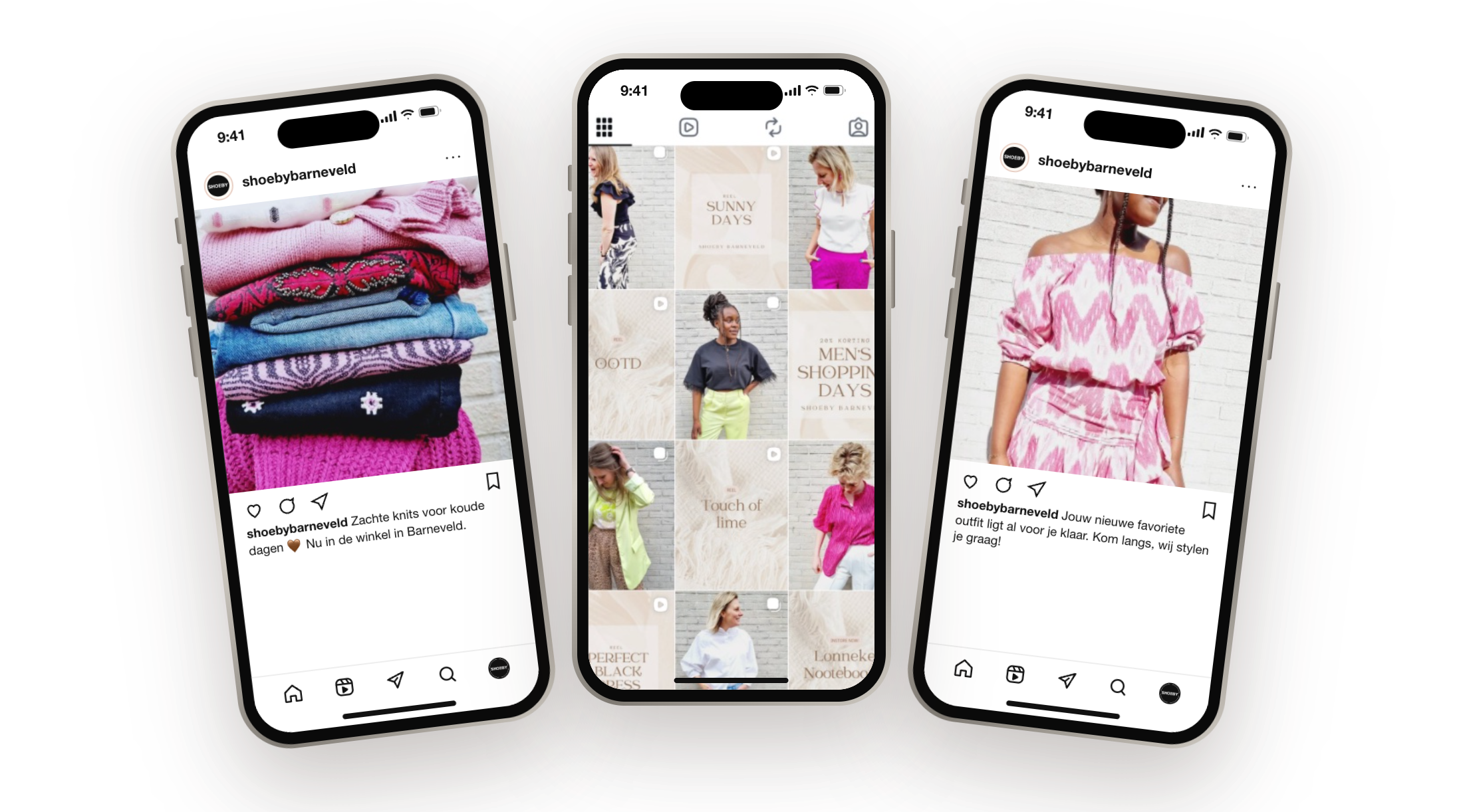 Drie iPhone-mockups met Instagram-posts en de feed van Shoeby Barneveld