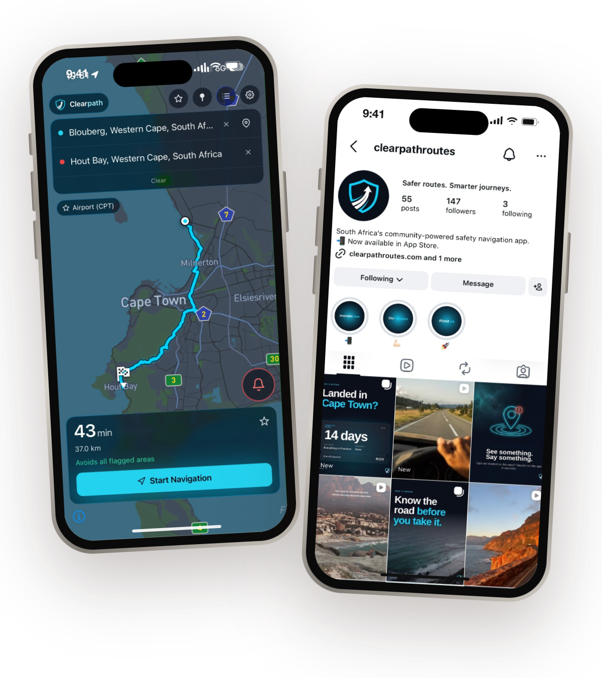 Twee iPhone-mockups: de Clearpath-app en het Instagram-profiel