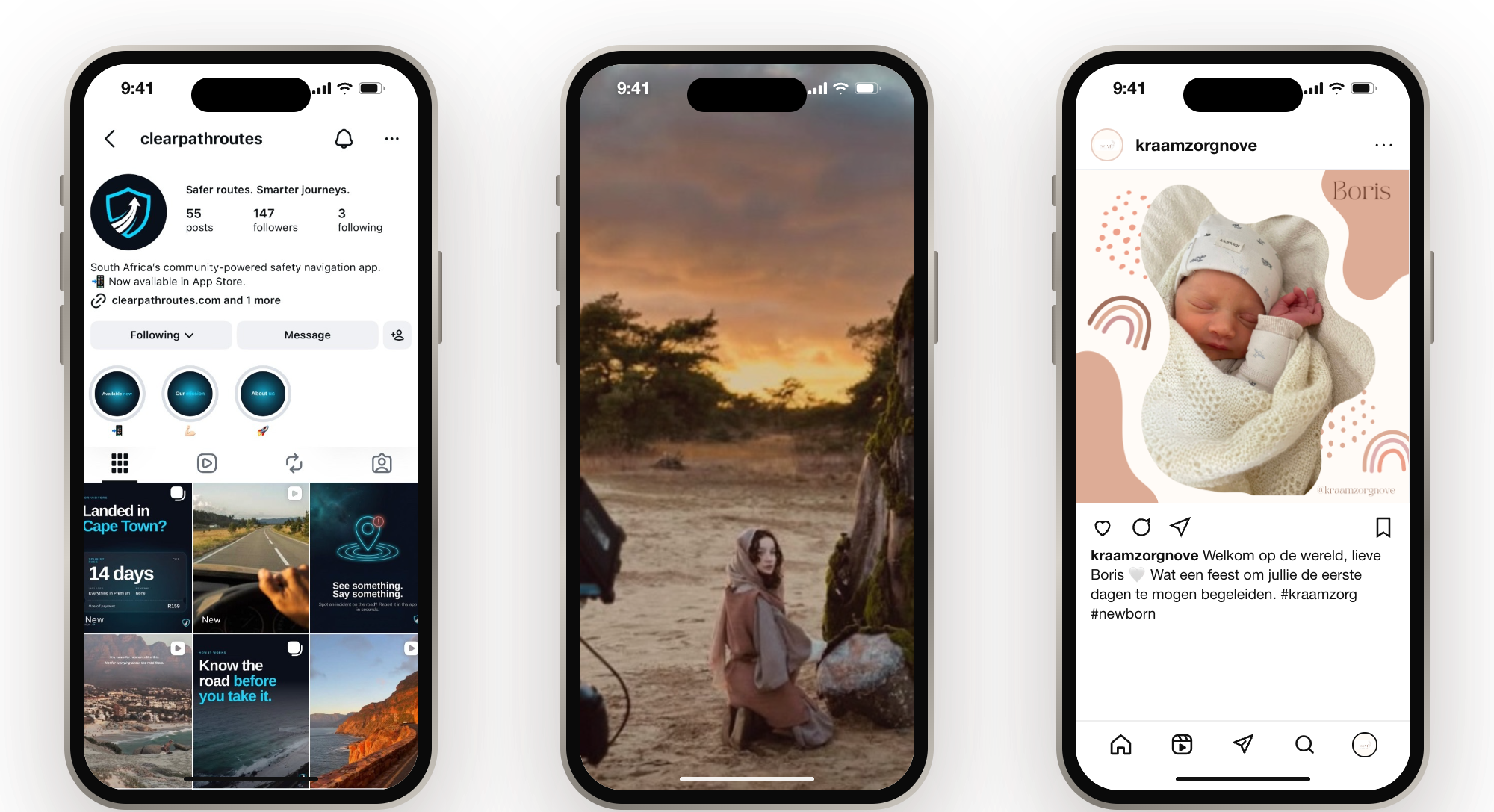 Drie iPhone-mockups: Instagram van Clearpath, DoorBrekers-styling en een post van Kraamzorg Nové